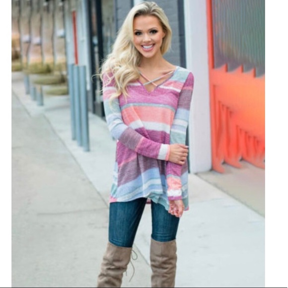 🍭 Multi Colored Striped Criss Cross Top - Picture 2 of 5